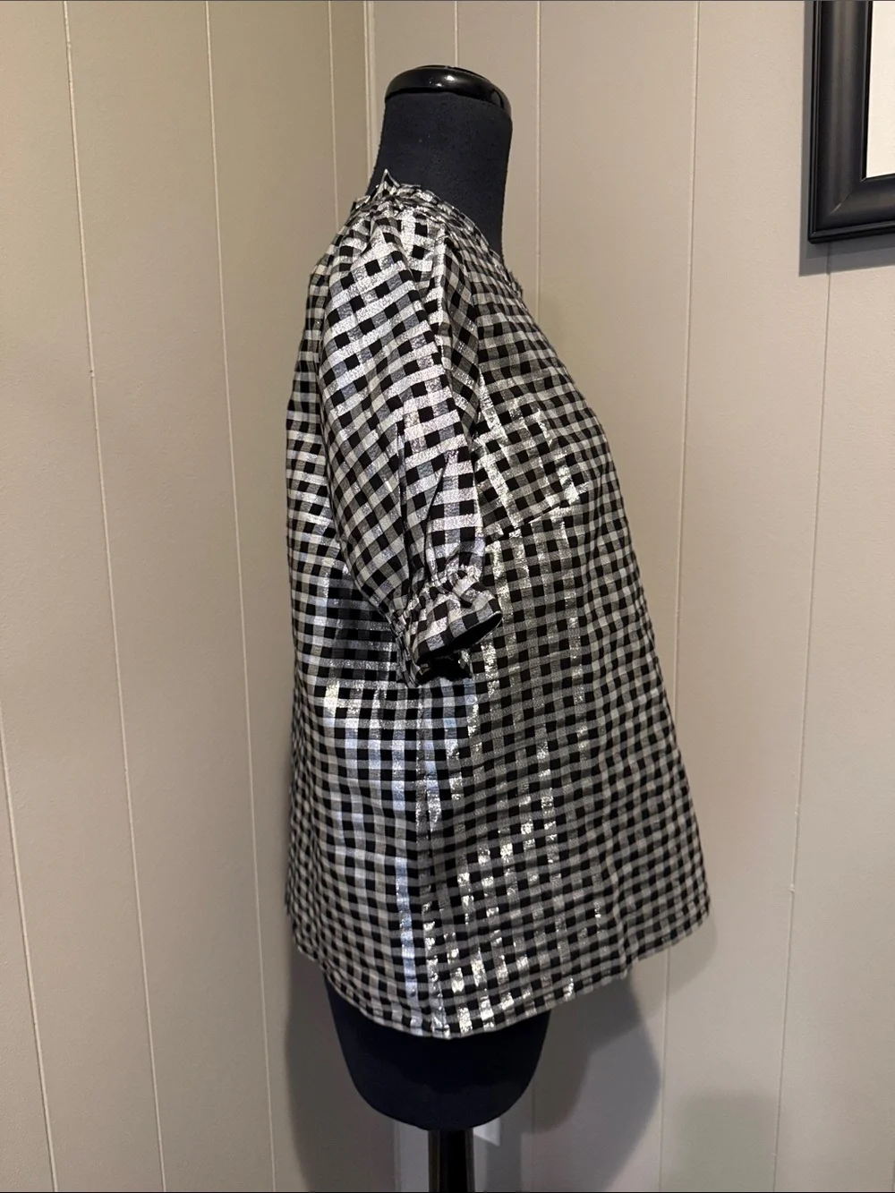 J. Crew Women’s Medium Black and Silver Gingham Puff-Sleeve Blouse